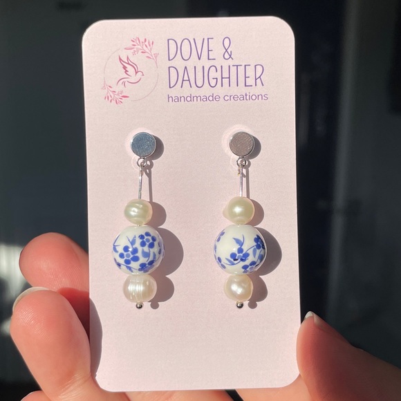 Blue Azul Glass Bead and Freshwater Pearl Hand Crafted Earrings - Picture 6 of 7